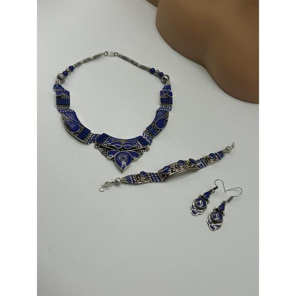 Blue Lapis Tibetan Silver Necklace Bracelet Earring Jewelry Set Handmade - Picture 7 of 16